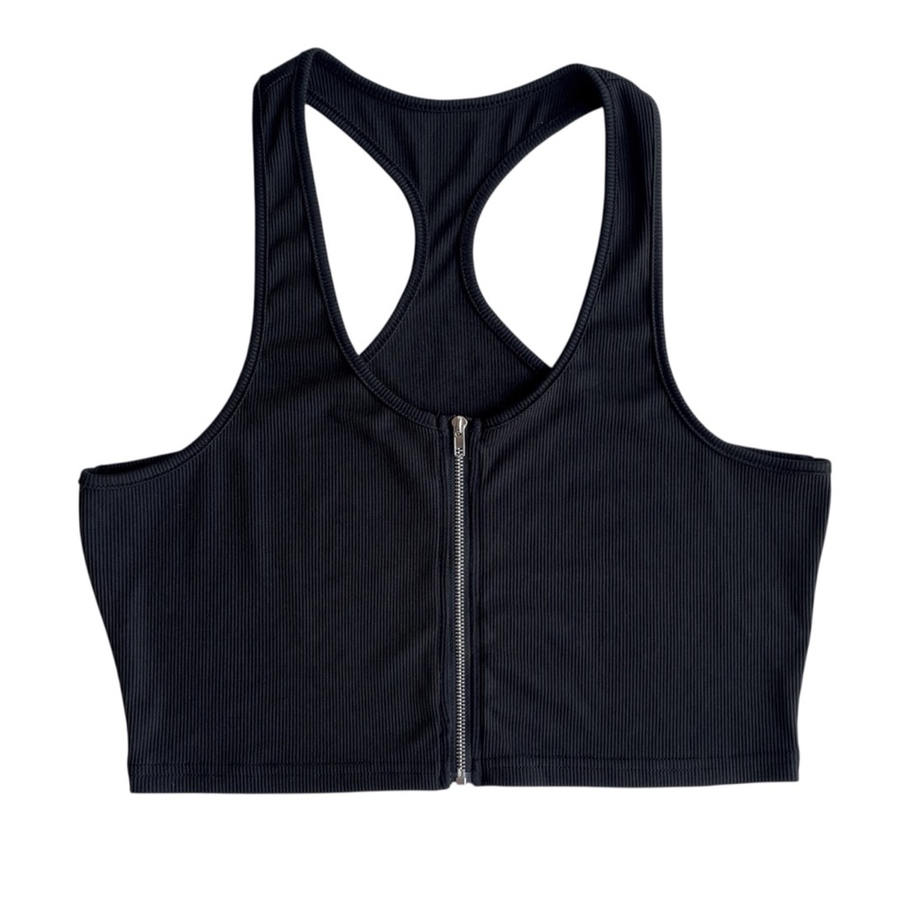 SHEIN Solid Black Ribbed Zip Front Racerback Crop Tank Top Womens XL - Picture 4 of 8